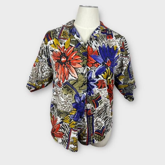Vintage Short Sleeve Blouse Tigers Lions Tropical Florals Made In USA Size 18 - Picture 2 of 8